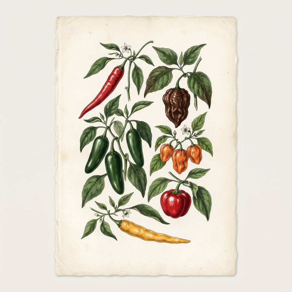 Botanical illustration showing seven pepper varieties with green leaves and white flowers
